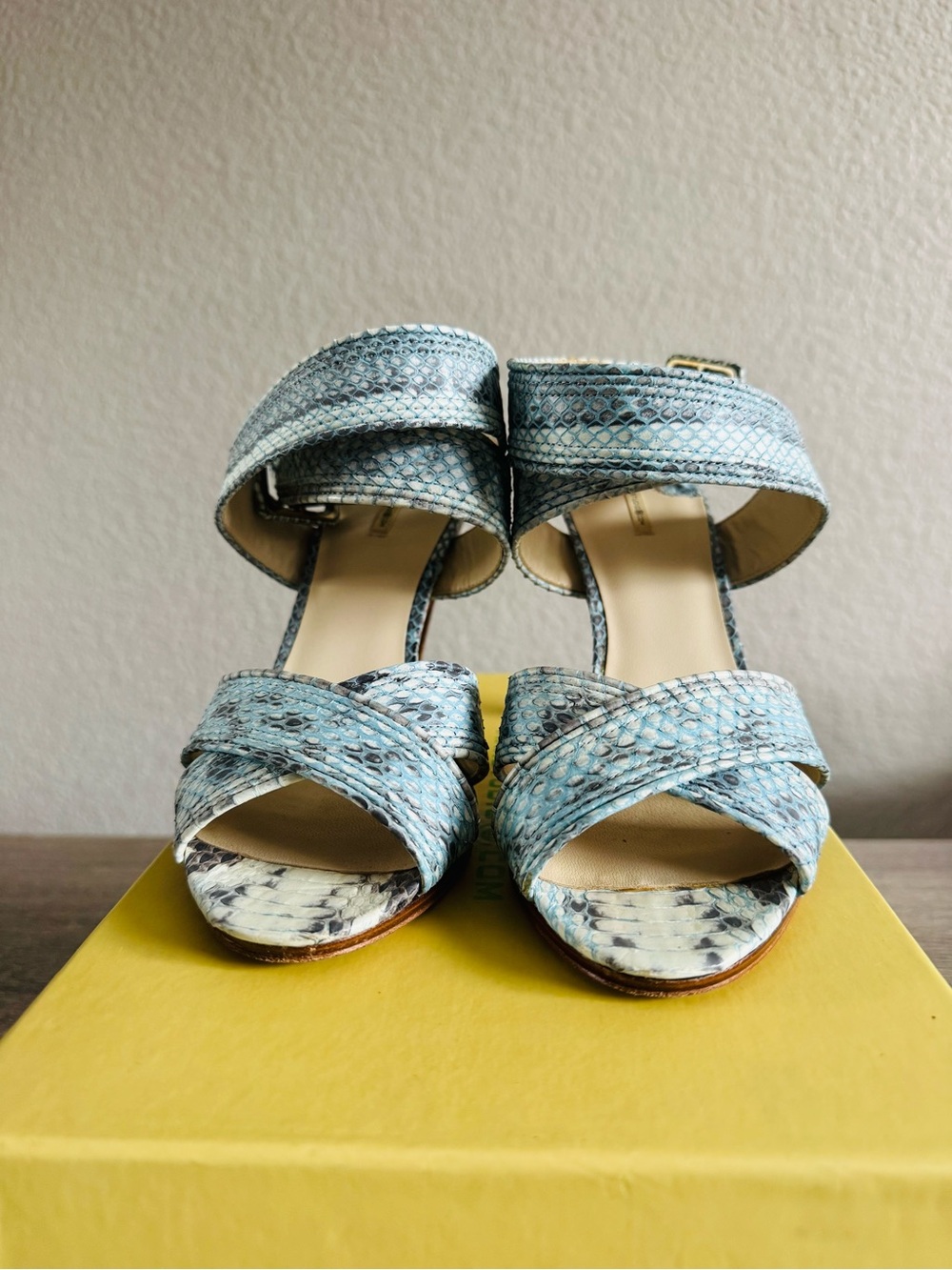 Max Studio Light Blue Snake-Print Heeled Sandals